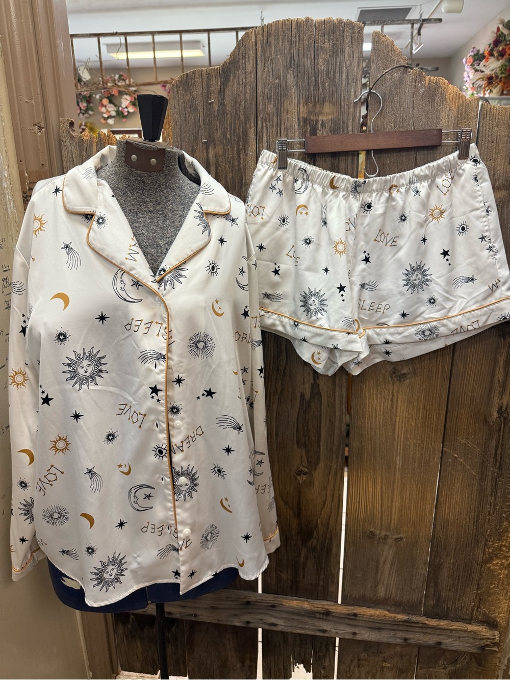 Women's Cream Celestial Print Satin Pajama Set with Gold Trim